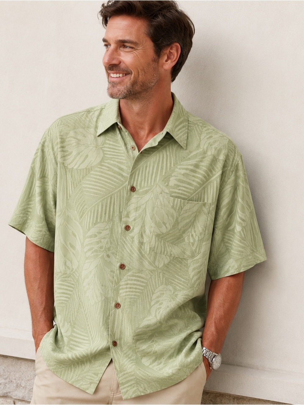 Norm Thompson 100% Silk Resort Camp Shirt L Sage Green